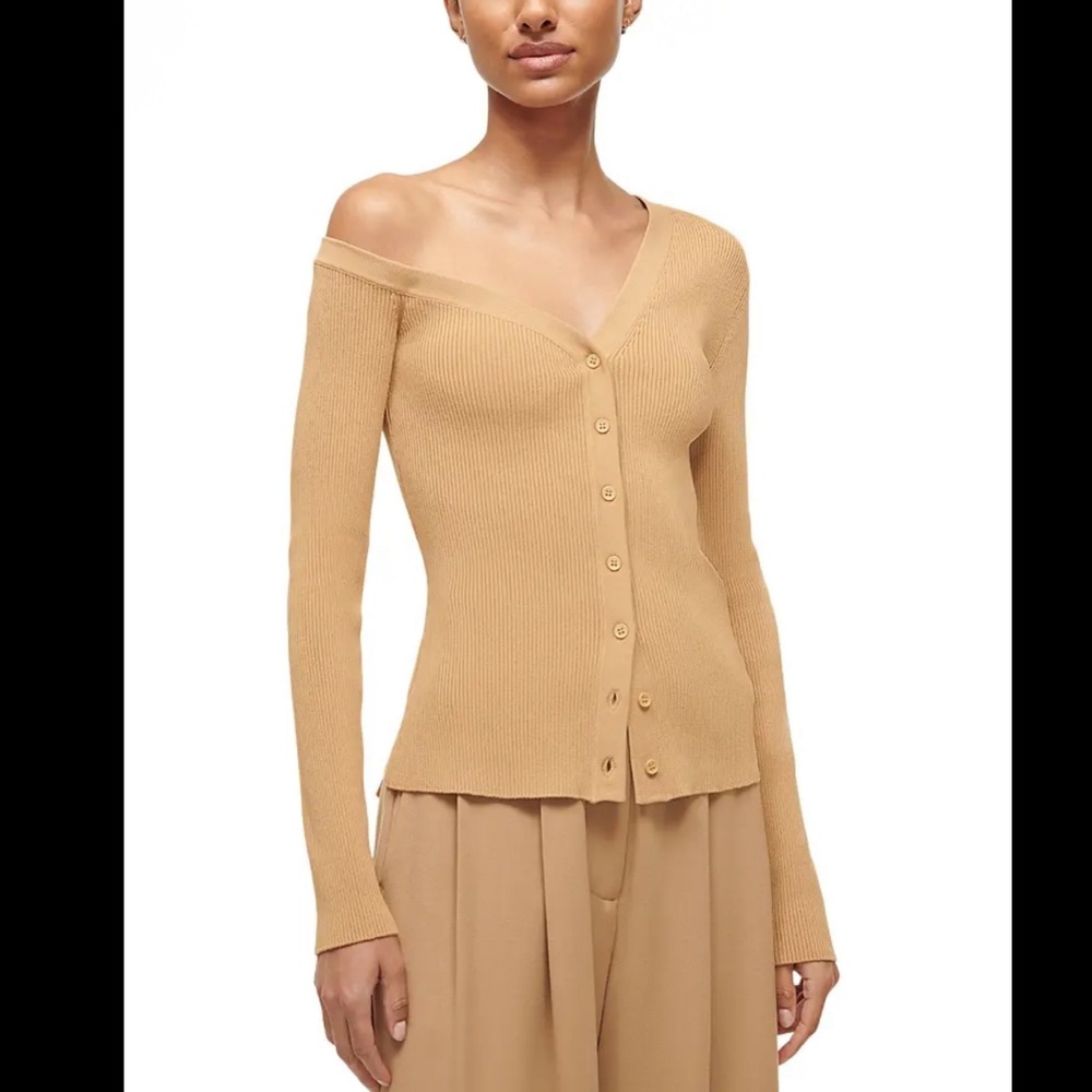 STAUD Craftsman One Shoulder Ribbed Cardigan Sweater S Tan Camel Neutral Top